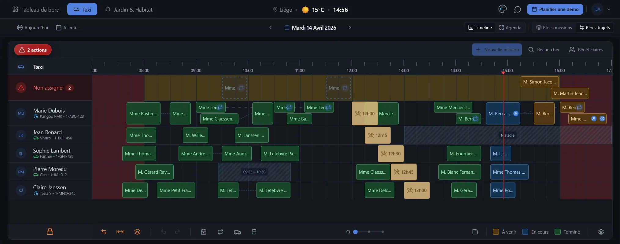 Vue planning Taxi, missions par chauffeur avec statuts